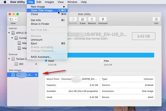 Unter macOS verwenden Sie Ablage → Image öffnen, um die Image-Datei zu laden