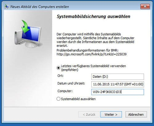 Systemwiederherstellung Image auswählen