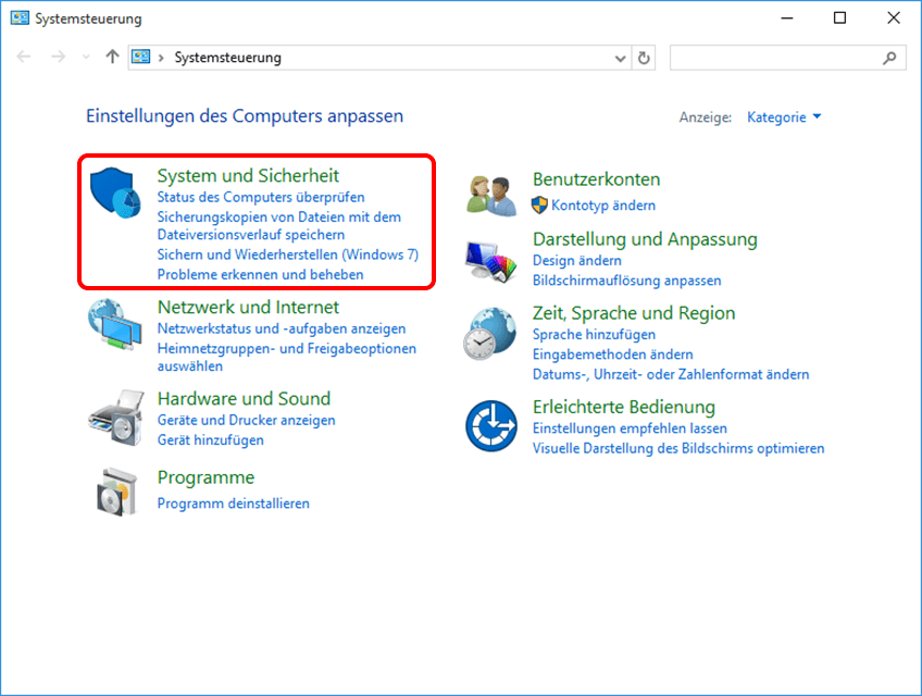 System und Sicherheit öffnen