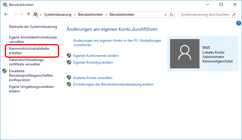 Klicken, um eine Windows 10 Passwort-Rücksetzdiskette zu erstellen