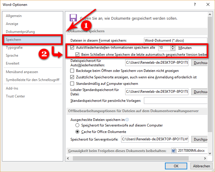 word automatisch speichern speichern