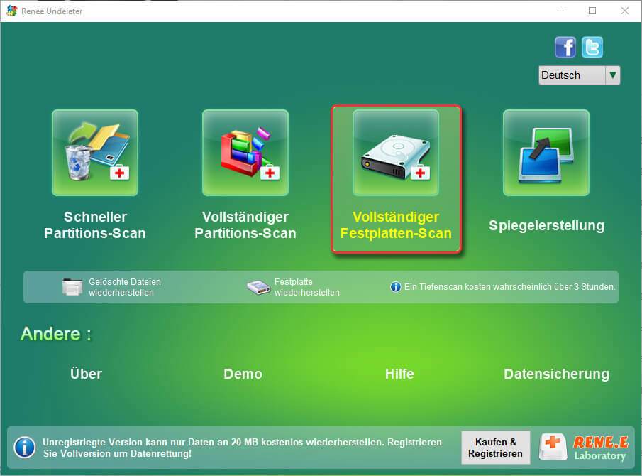 Wählen Sie Whole Disk Scan, um eine beschädigte Festplatte wiederherzustellen.