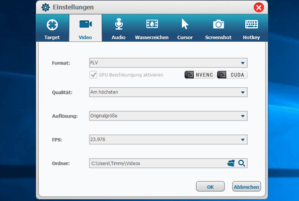 Einstellungen von Screen Recorder