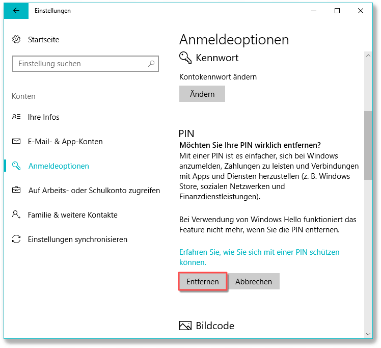 Windows 10 PIN löschen