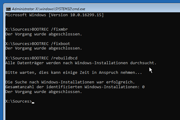 fixboot, fixmbr und rebuildbcd