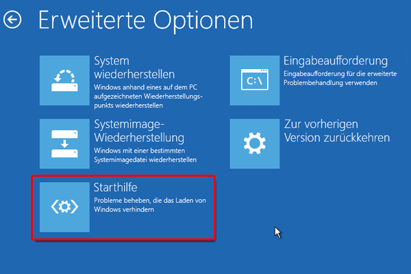 Problembehandlung Erweiterte Optionen Starthilfe