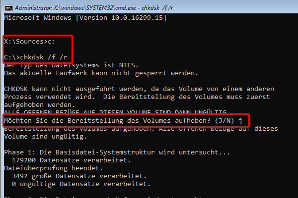 chkdsk /f /r ausführen