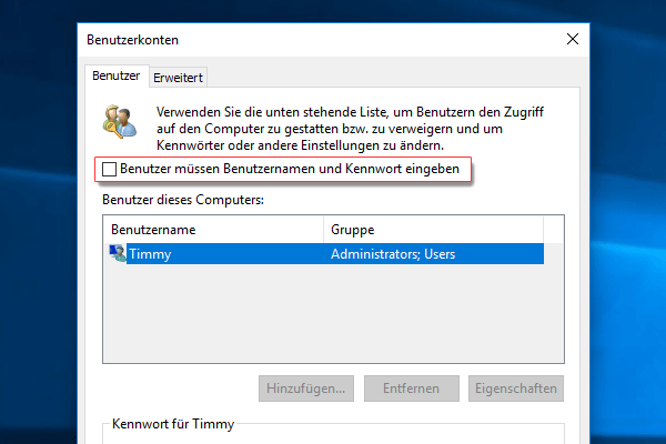 netplwiz, „Benutzer müssen Benutzernamen und Kennwort eingeben, um diesen Computer zu verwenden.“
