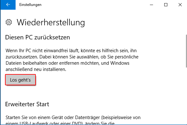 Windows-Einstellungen Diesen PC zurücksetzen