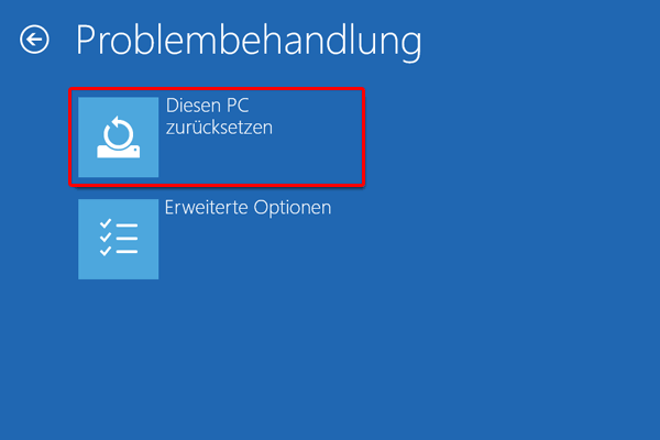 „Diesen PC zurücksetzen“ in Problembehandlung auswählen