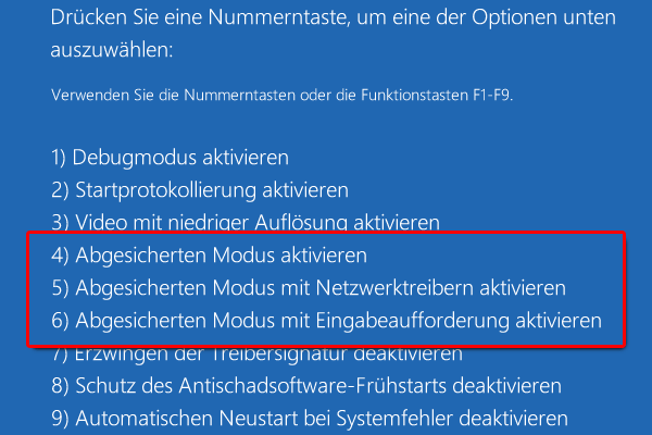 Starteinstellungen, Optionen auswählen