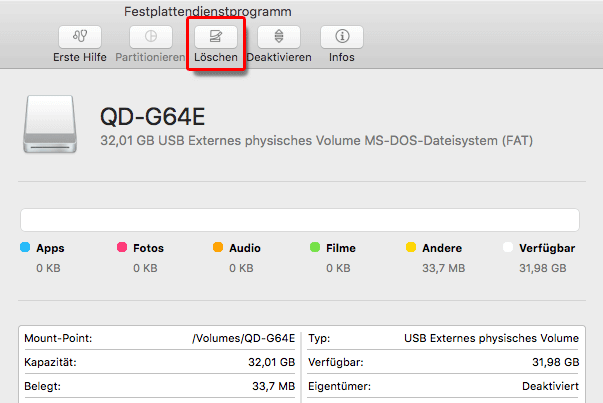 Mac Dienstprogramme Festplattendienstprogramm Löschen sd karte formatieren