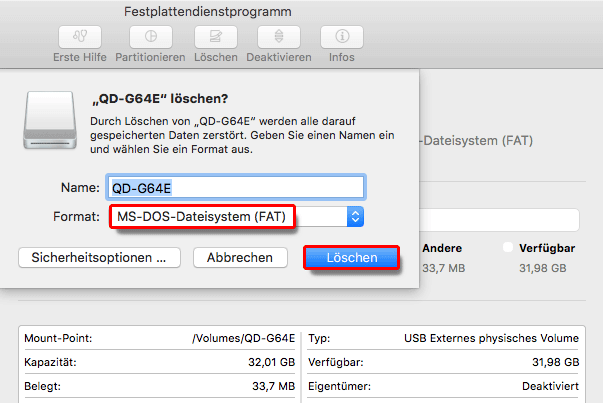 Mac Dienstprogramme Festplattendienstprogramm Löschen sd karte formatieren