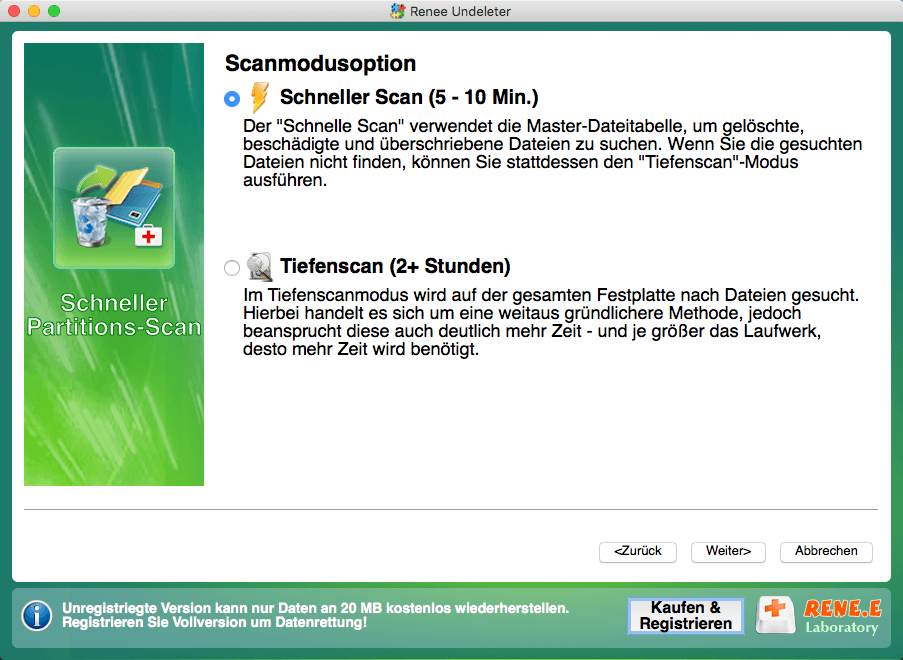 Option Dateiwiederherstellung Schnellsuche