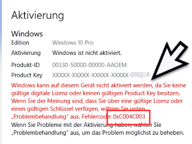Aktivierungsfehler 0xC004C003