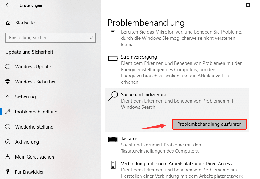 Windows, Update und Sicherheit, Problembehandlung, zusätzliche Fehlerbehebungen, Suche und indizierung