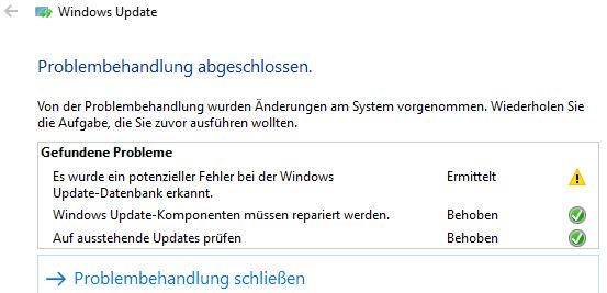 Mögliche Fehlermeldung der Windows-Update-Datenbank erkannt