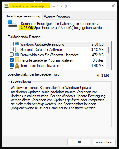 Datenträgerbereinigung Windows-Updates-Bereinigung