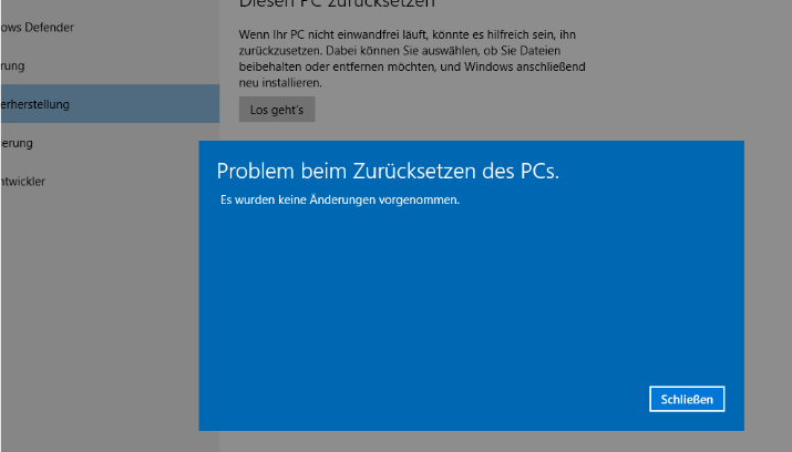 Windows 10 lässt sich nicht zurücksetzen