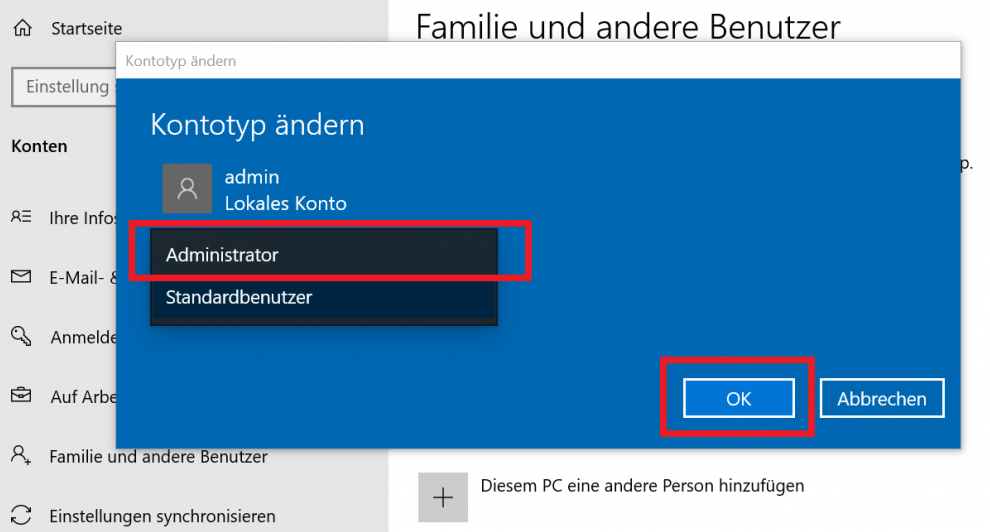 Windows Kontotyp ändern