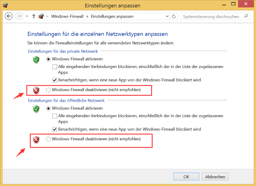 Schalten Sie die Firewall aus