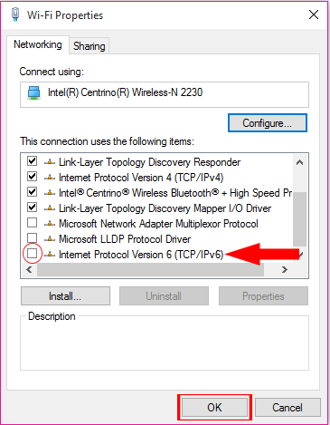 Deaktivieren Sie Internet Protocol Version 6 (TCP/IPv6)