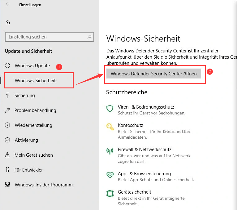 Klicken Sie auf die Option „Windows-Sicherheitscenter öffnen“.
