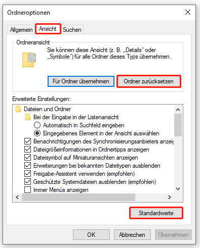 Datei-Explorer, Standardeinstellungen wiederherstellen