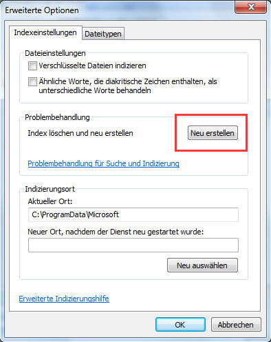 Windows, Systemsteuerung, Indexoptionen, erweitert