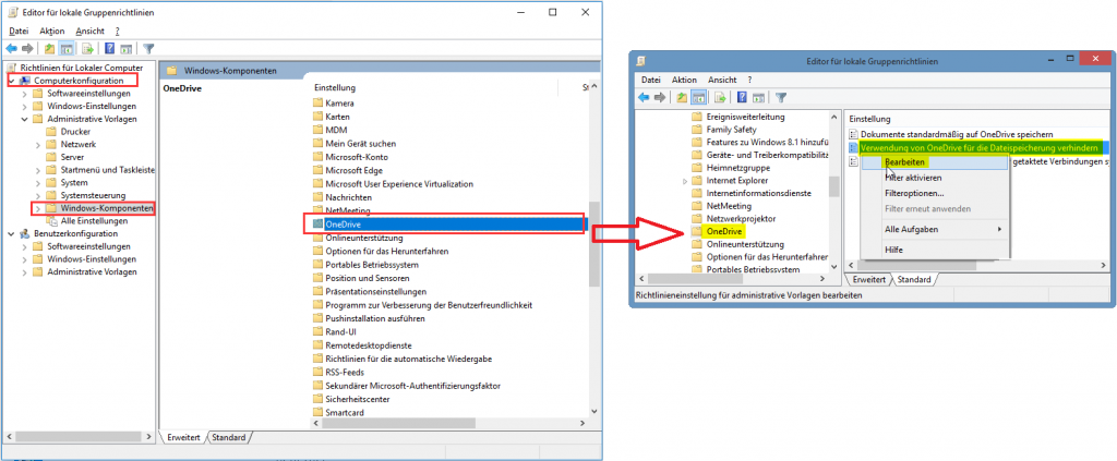 gpedit onedrive, Verwendung von OneDrive für die Datenspeicherung deaktivieren