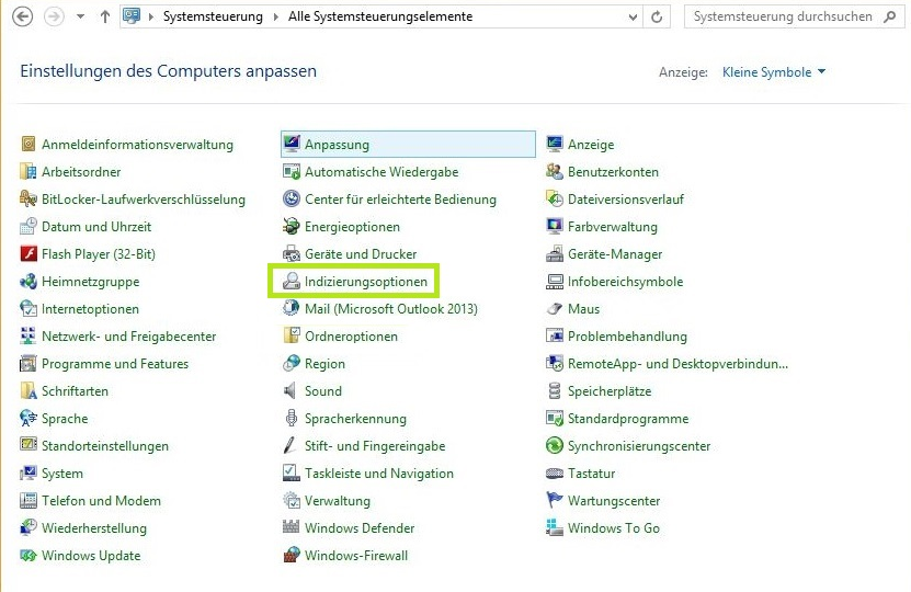 Windows, Systemsteuerung, Indexoption