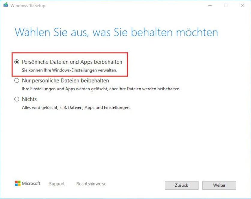 windows 10 installation , Suche dir aus, was Du behalten möchtest