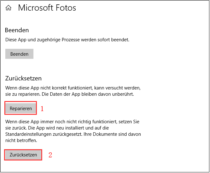 Reparieren Microsoft Fotos, Erweiterte Optionen