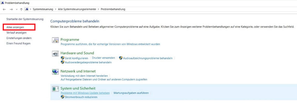 windows Systemsteuerung problembehandlung