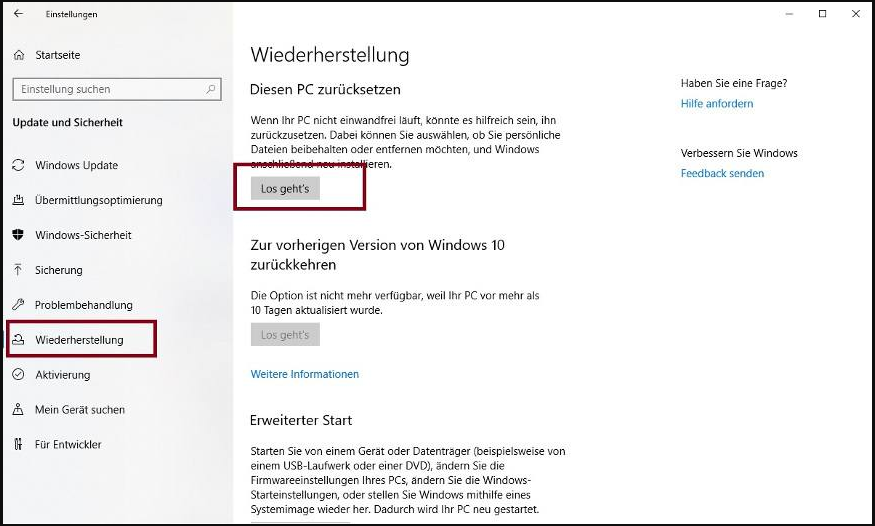 Windows setzt diesen Computer zurück