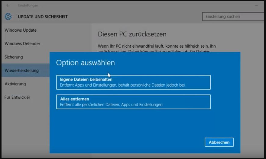 Windows setzt diesen Computer zurück