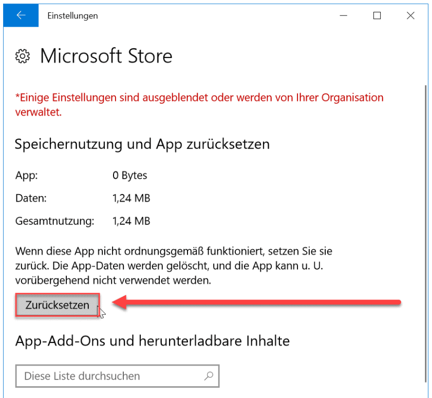 zurücksetzen, Erweiterte Optionen im Microsoft Store