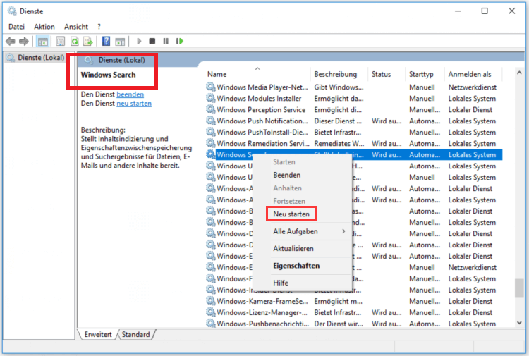 Starten Sie den Windows-Suchdienst im Dienstmanager neu