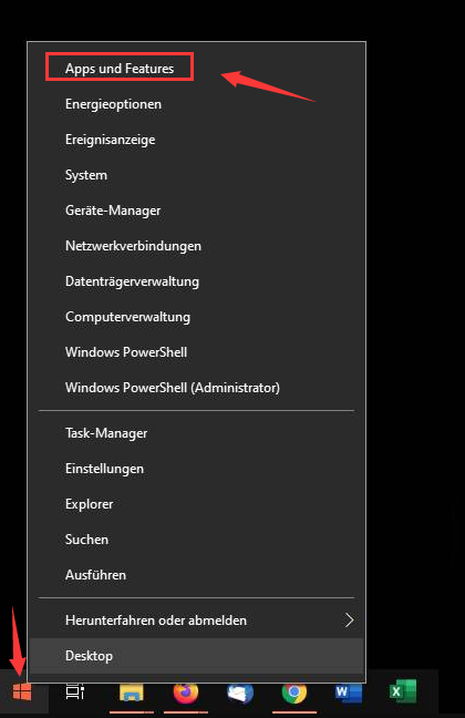 Apps und Funktionen, Klicken Sie mit der rechten Maustaste auf die Startschaltfläche.