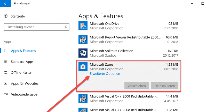 Erweiterte Optionen im Microsoft Store