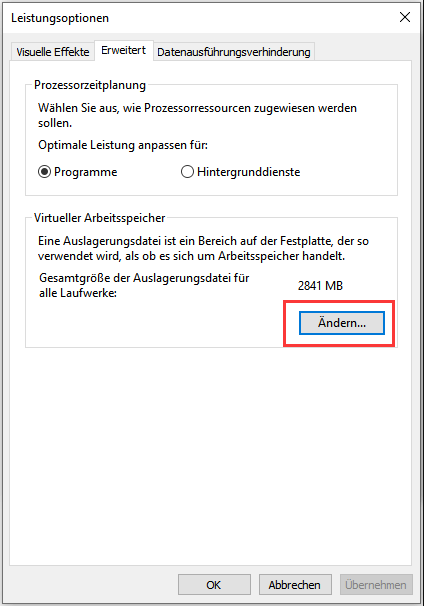 Klicken Sie in der virtuellen Speicherleiste auf die Schaltfläche „Ändern“.