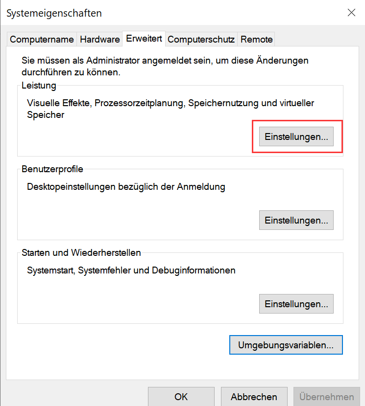 Windows sysdm.cpl Klicken Sie in der Leistungsliste auf die Schaltfläche „Einstellungen“.