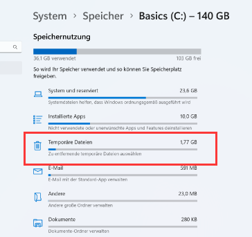 temporäre Dateien speicher Windows