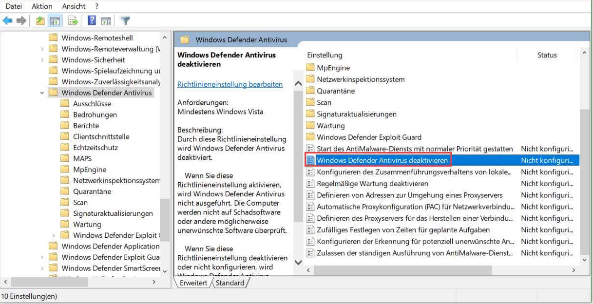 Doppelklicken Sie, um Microsoft Defender Antivirus zu deaktivieren