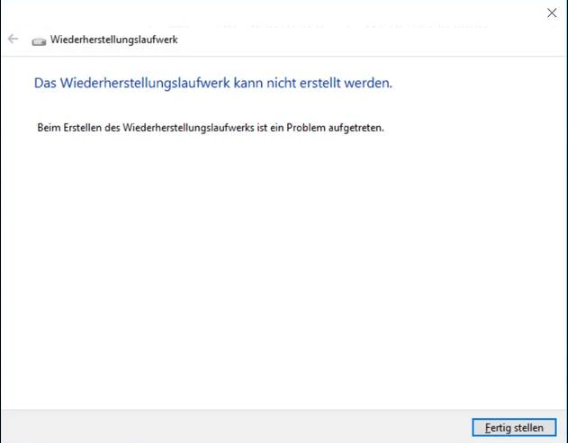 Wiederherstellungslaufwerk kann nicht erstellt werden