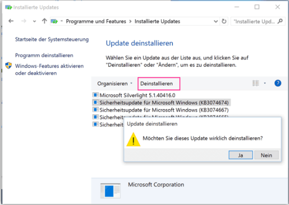 Klicken Sie zum Deinstallieren Windows update