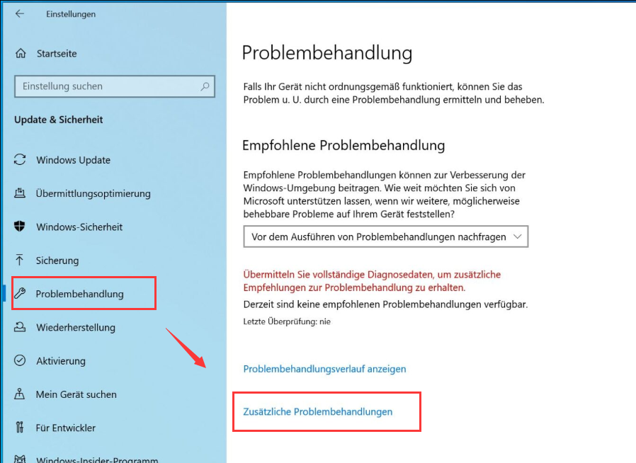 Windows, Update und Sicherheit, problembehandlung, zusätzliche Fehlerbehebungen