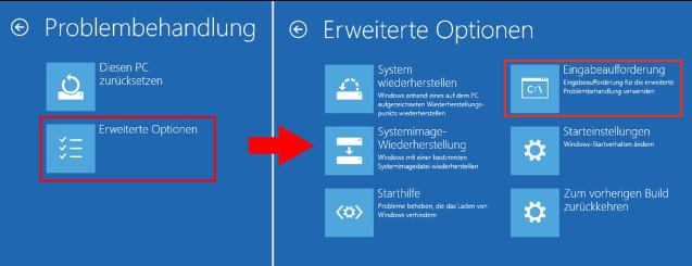 (Fehlerbehebung) > (Erweiterte Optionen) > (Eingabeaufforderung)