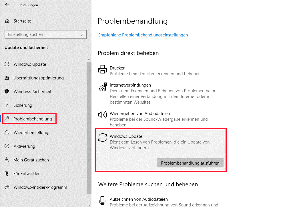 Führen Sie die Fehlerbehebung aus, Windows