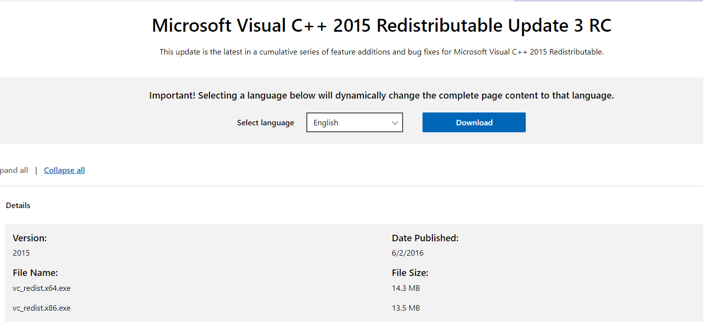 vc++ 2015 Redist-Download